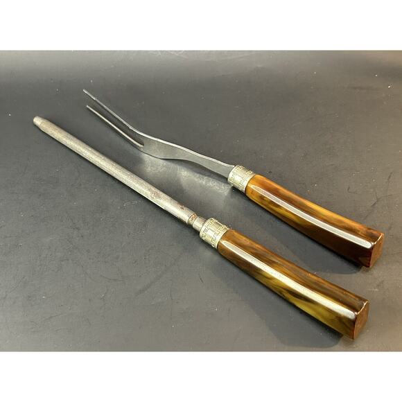 Meat Fork and Sharpener Bakelite Vintage MCM Handle Stainless Steel Greek Key - Picture 6 of 9